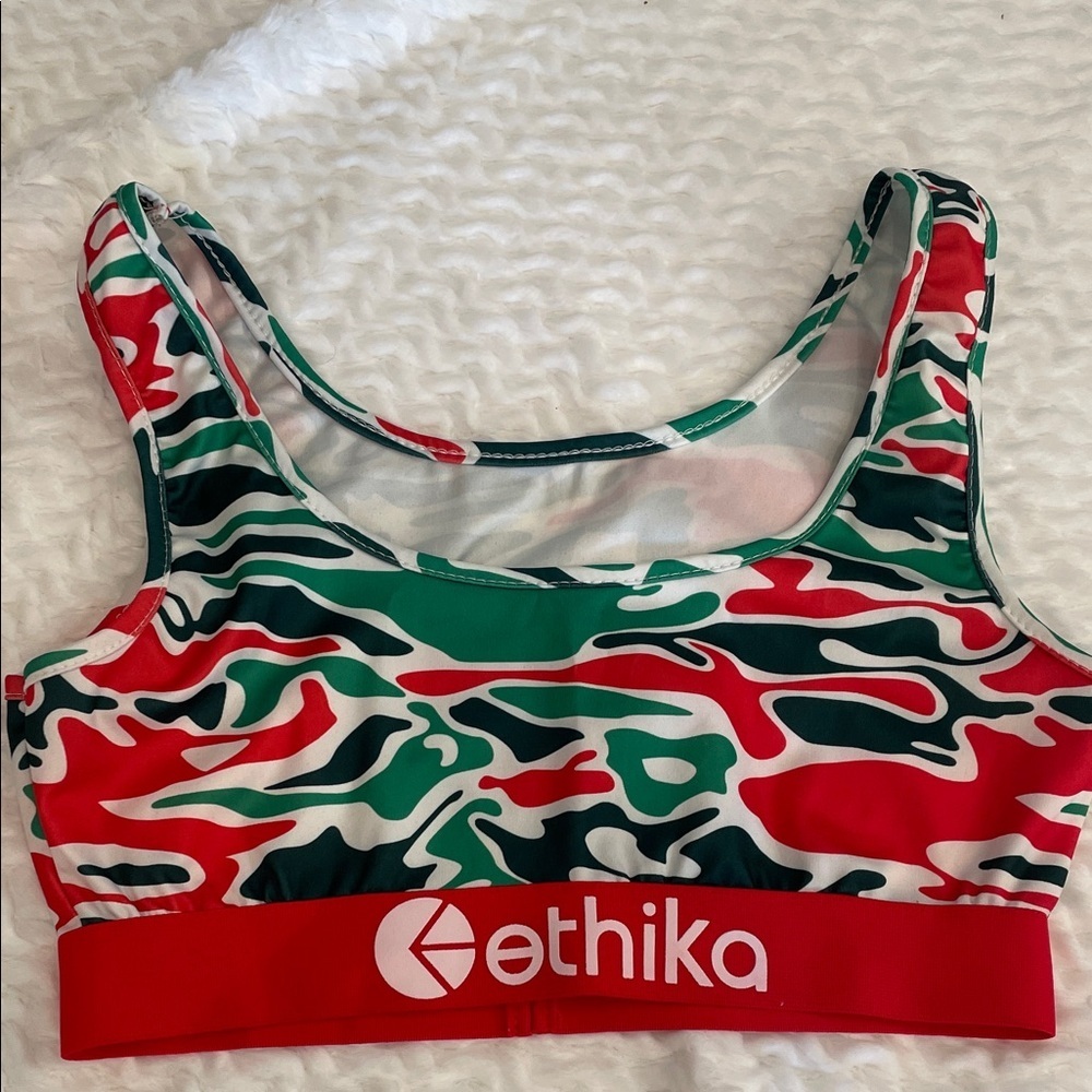 Ethika Women's Vibrant Camo Sports Bra - Red, Green, and White